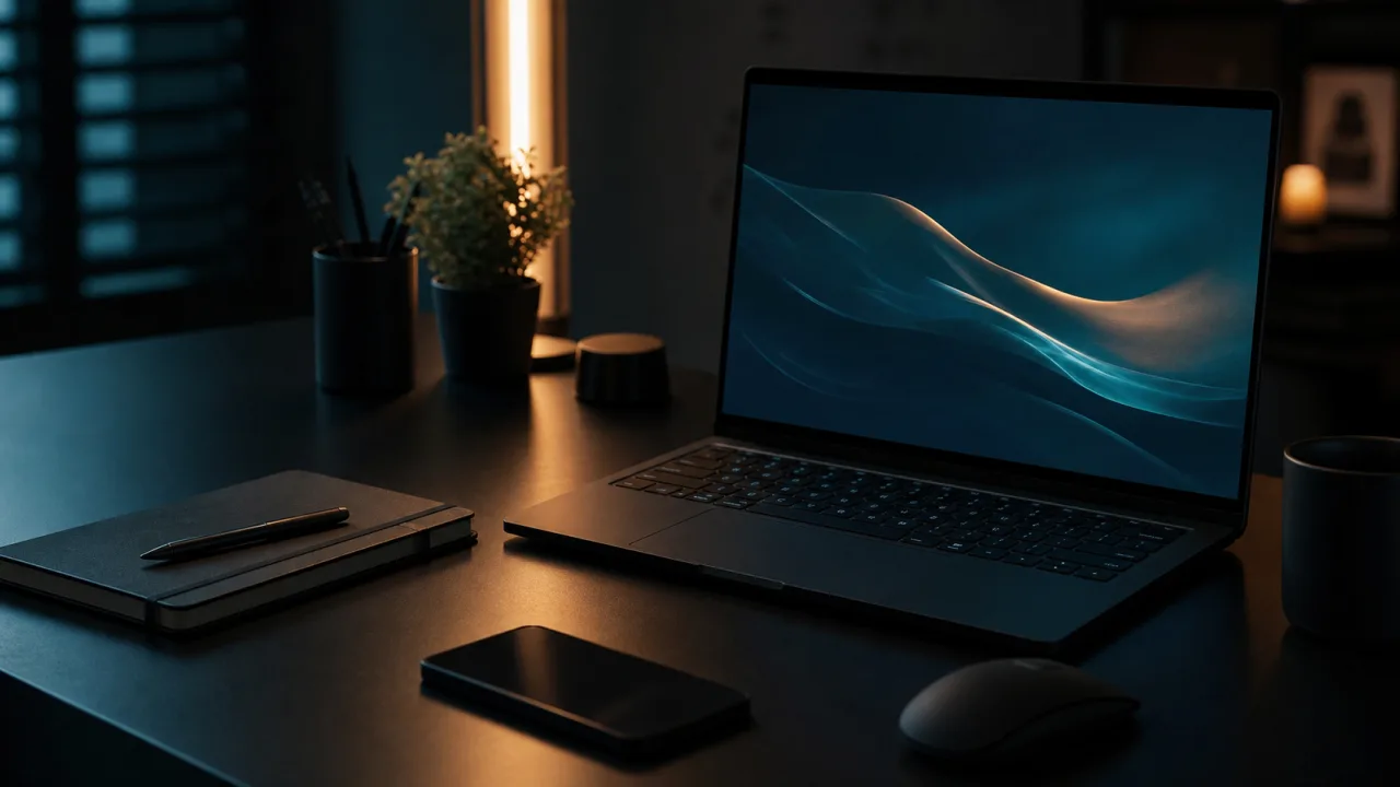 Minimal desk with laptop and notebook in low light