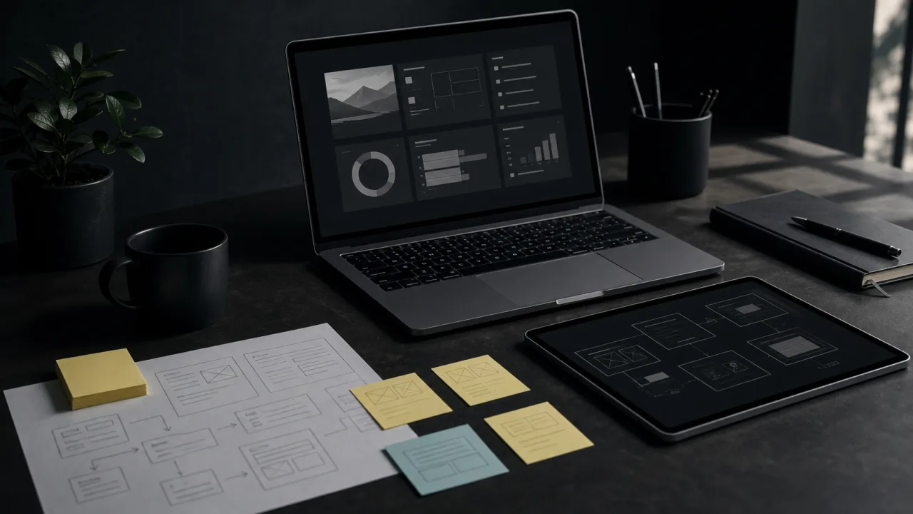 Desk with laptop, tablet and website planning notes