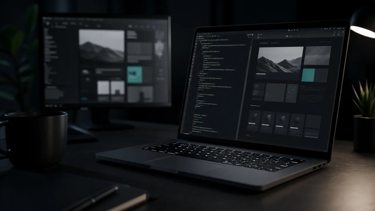 Dark workspace with laptop and website design screens