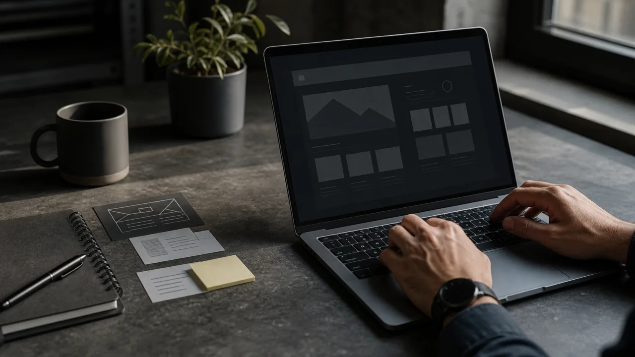 Hands working on a laptop with website planning notes